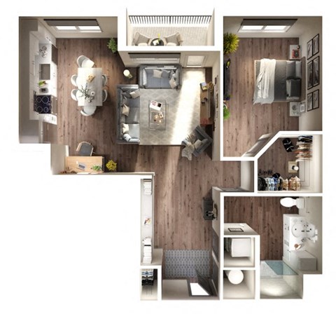Floor plan for 1 bed, 1 bath, 971 sqft